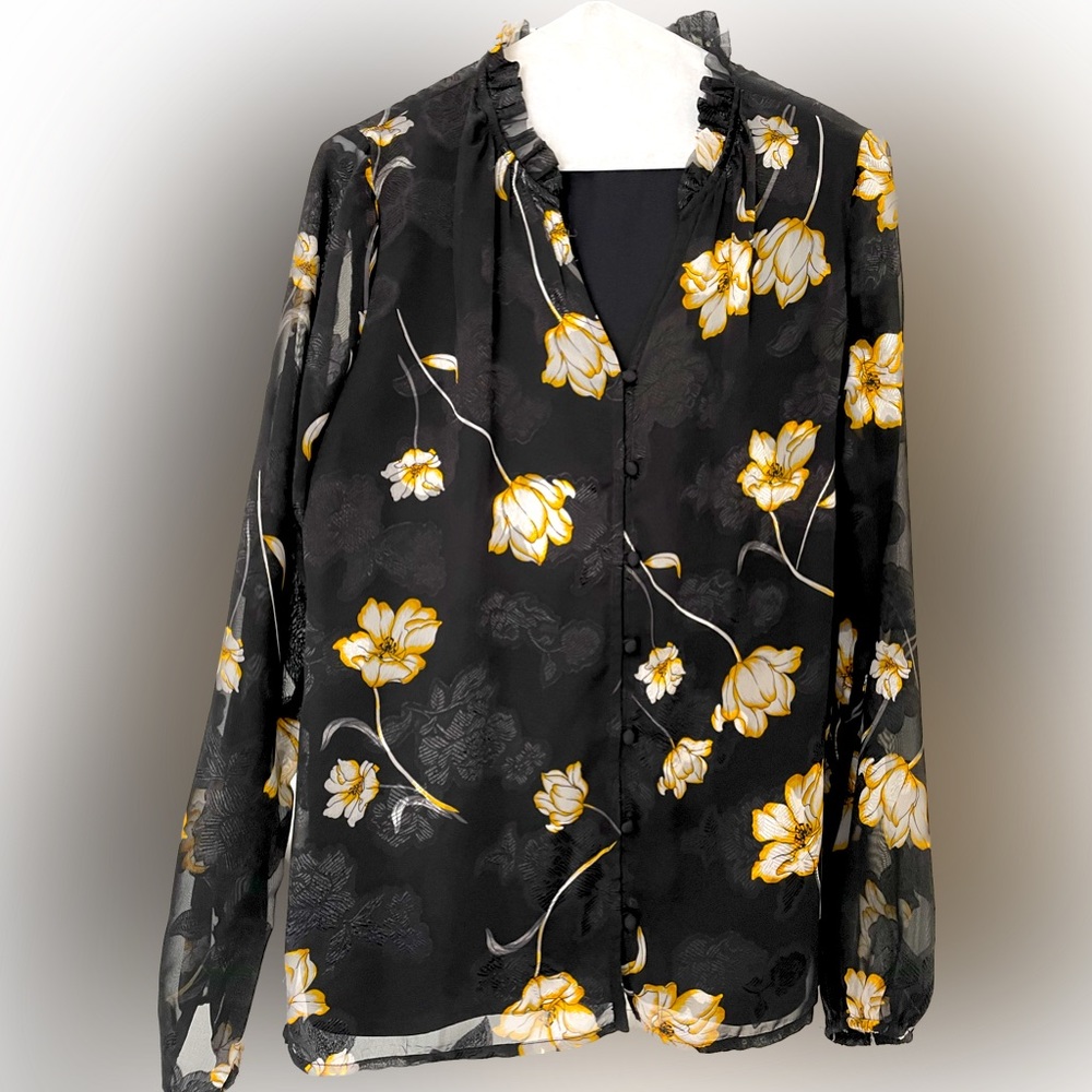 WHBM beautiful black and yellow blouse w/ sheer sleeve.